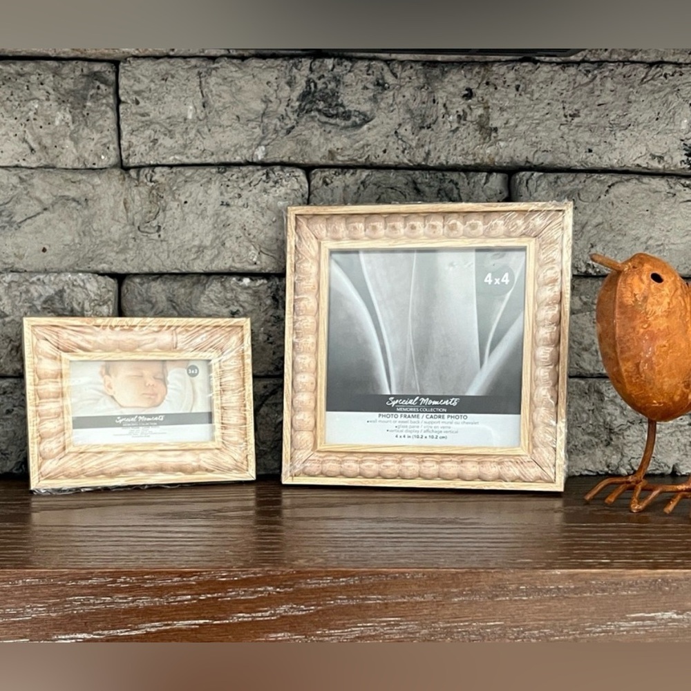 Beaded Farmhouse Wooden Photo Frame Set of 2 Frames 4x4” & 2x3” ~NEW~
